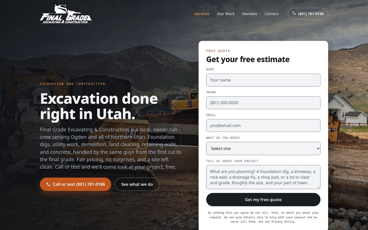 The top of the Final Grade Excavating home page